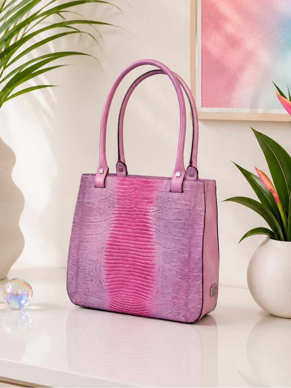 RARE Salvatore Ferragamo Pink Tejus Lizard & Leather Vintage Structured Tote Bag